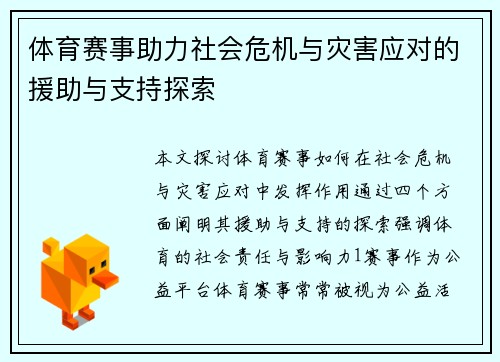 体育赛事助力社会危机与灾害应对的援助与支持探索